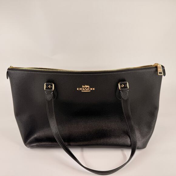 Coach Handbags - Coach Black Leather Zip Top Dual Handle Tote Bag with Gold Accents